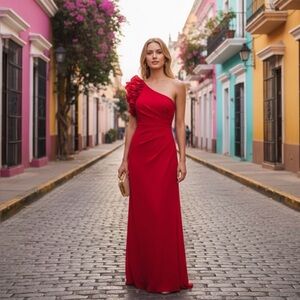 Xscape Red One Shoulder Rosette Ruffle Maxi Gown sz 12 -TALL girl 😁 & Lg chest 😁